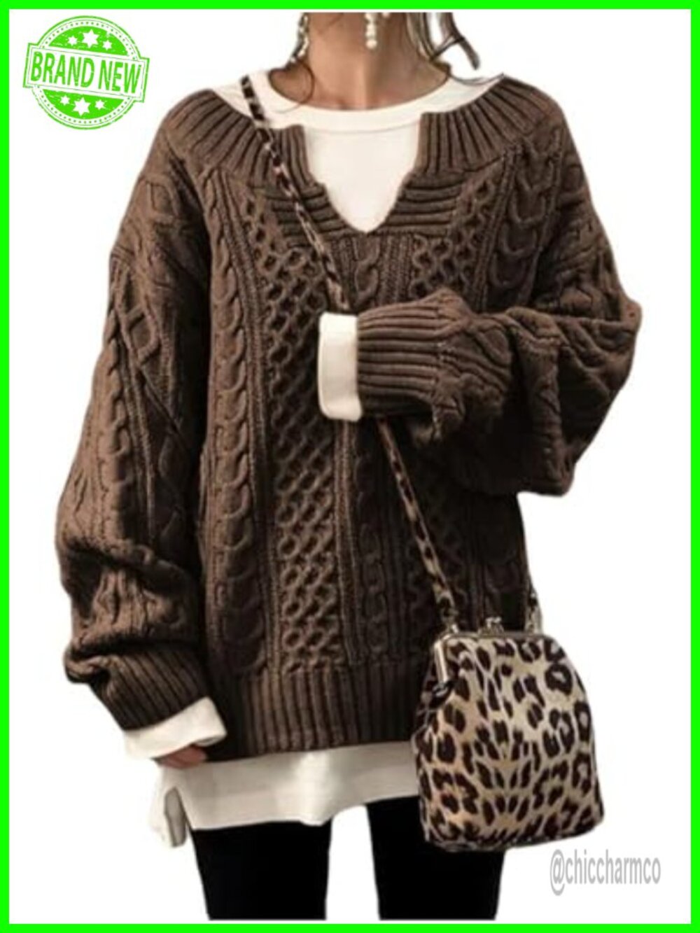 Women's Chunky V Neck Cable Knit Sweater Loose Fit Long Sleeve Pullover